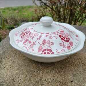 Staffordshire Victoria Red Covered Vegetable Bowl Pink Transferware JG Meakin